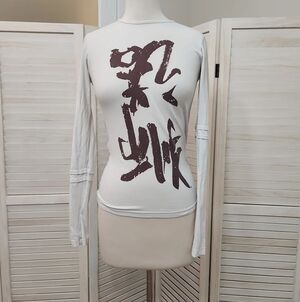 Psylo White Long Sleeve Graphic Crewneck Top with Brown & Blue Print Size M